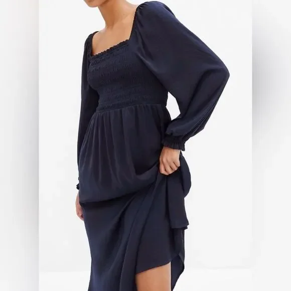 GAP Navy Smocked Bust Square Neck Long Sleeve Midi Dress - Picture 1 of 11
